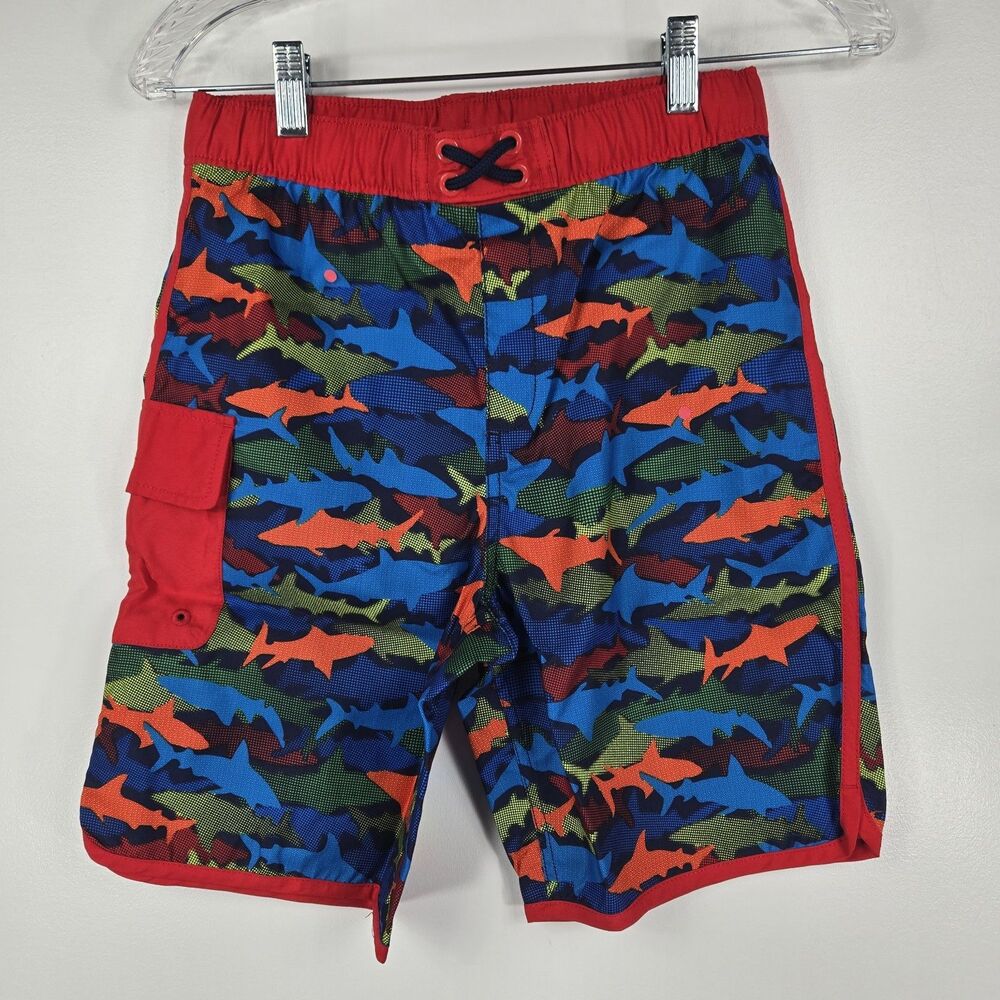 Land's End Boys Size XL‎ 14S - 16S Red Multicolor Sharks Trunks Slim NWOT
